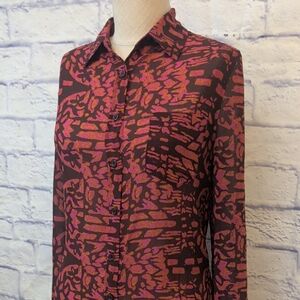 Moda International Semi Sheer Pink & Brown Button-Down Blouse Size Medium